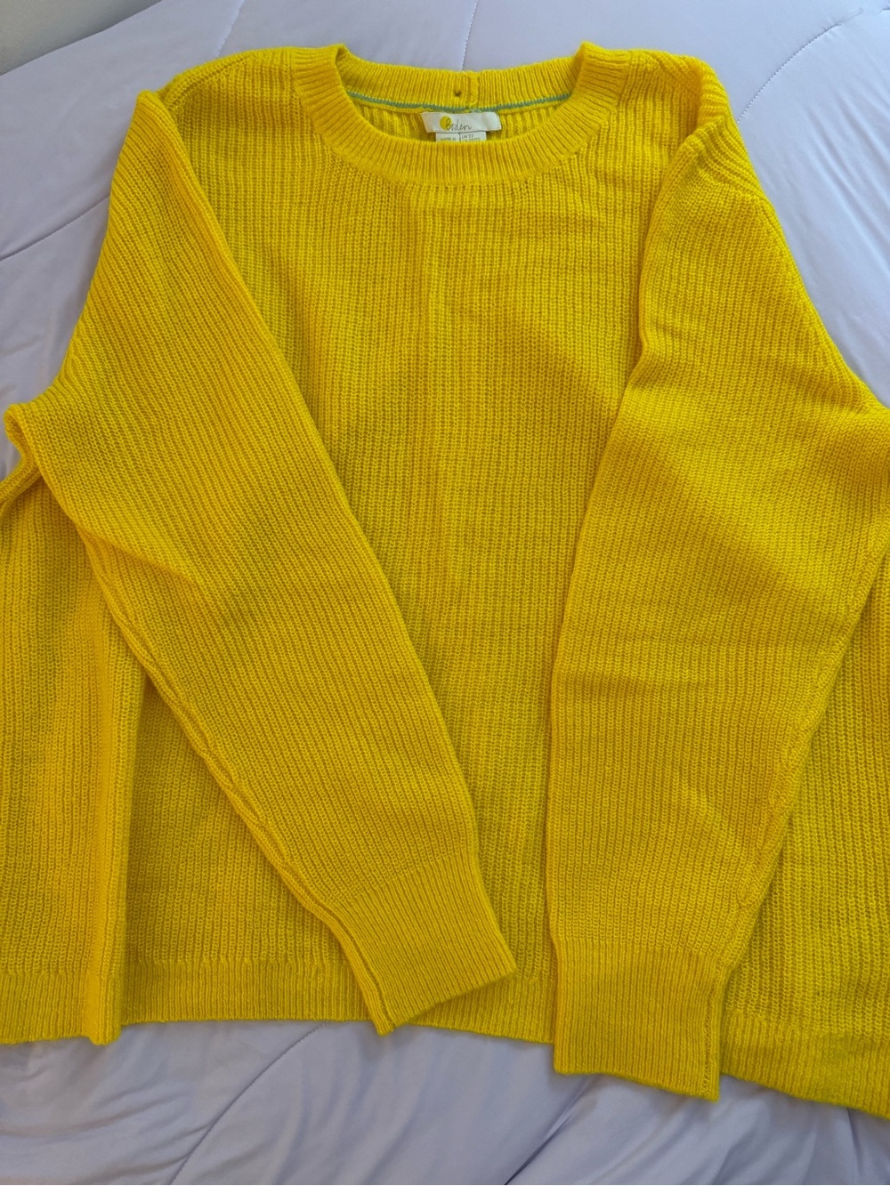 Boden Bright Yellow Crewneck Sweater with Button up Back